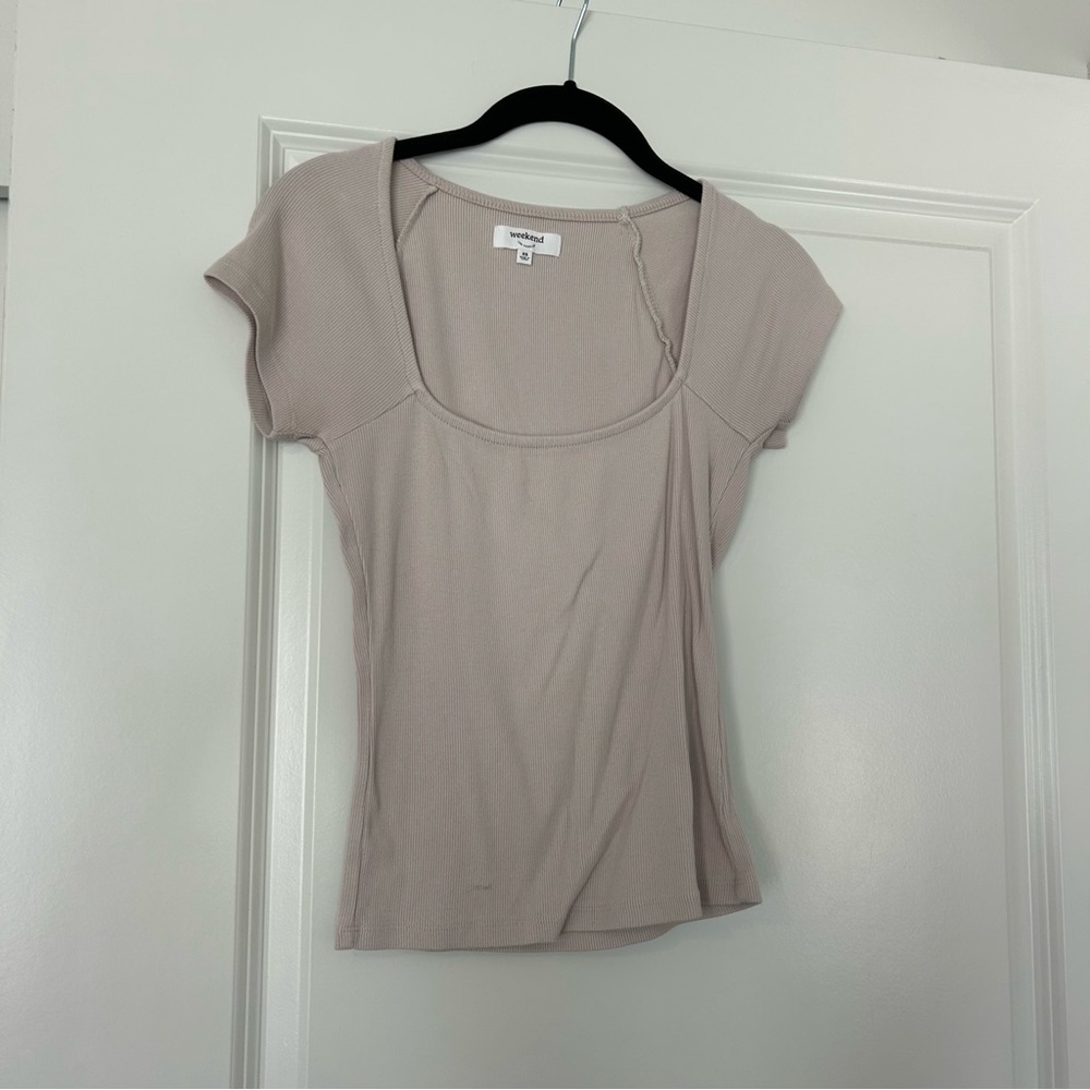 Weekend Max Mara cream square neck ribbed tshirt top in xsmall cotton